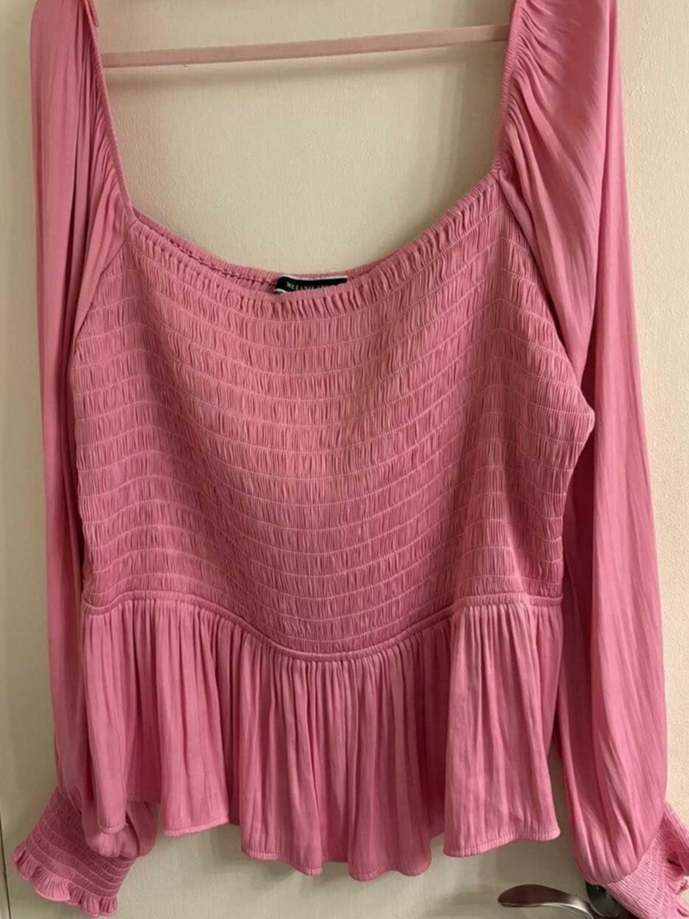 Smocked Peplum Blouse in Pink with Long Sleeves